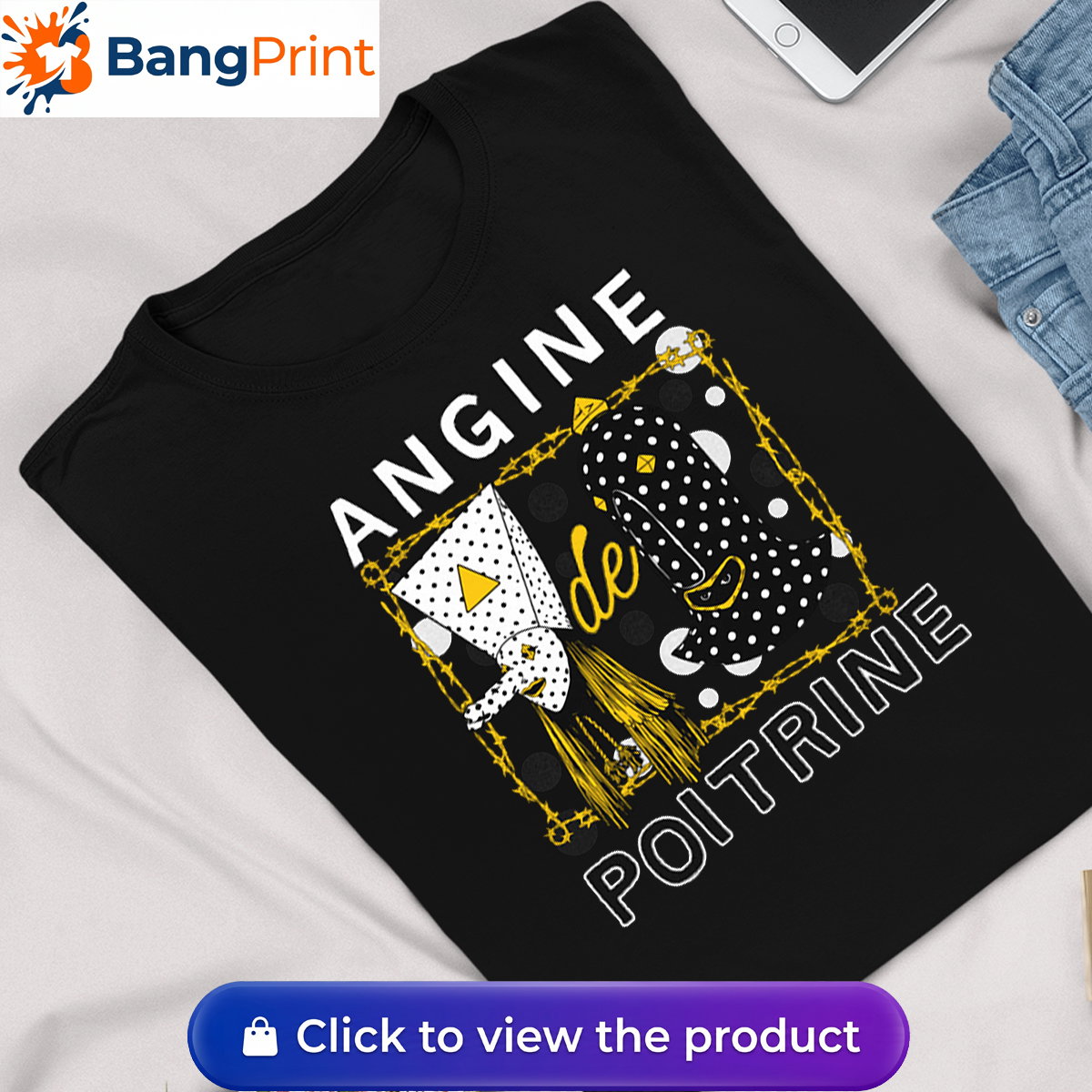 Black t-shirt featuring a surrealist avant-garde mask design, yellow barbed wire border, and the French text Angine de Poitrine.