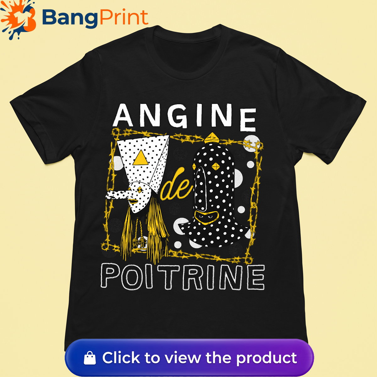 Black t-shirt featuring a surrealist avant-garde mask design