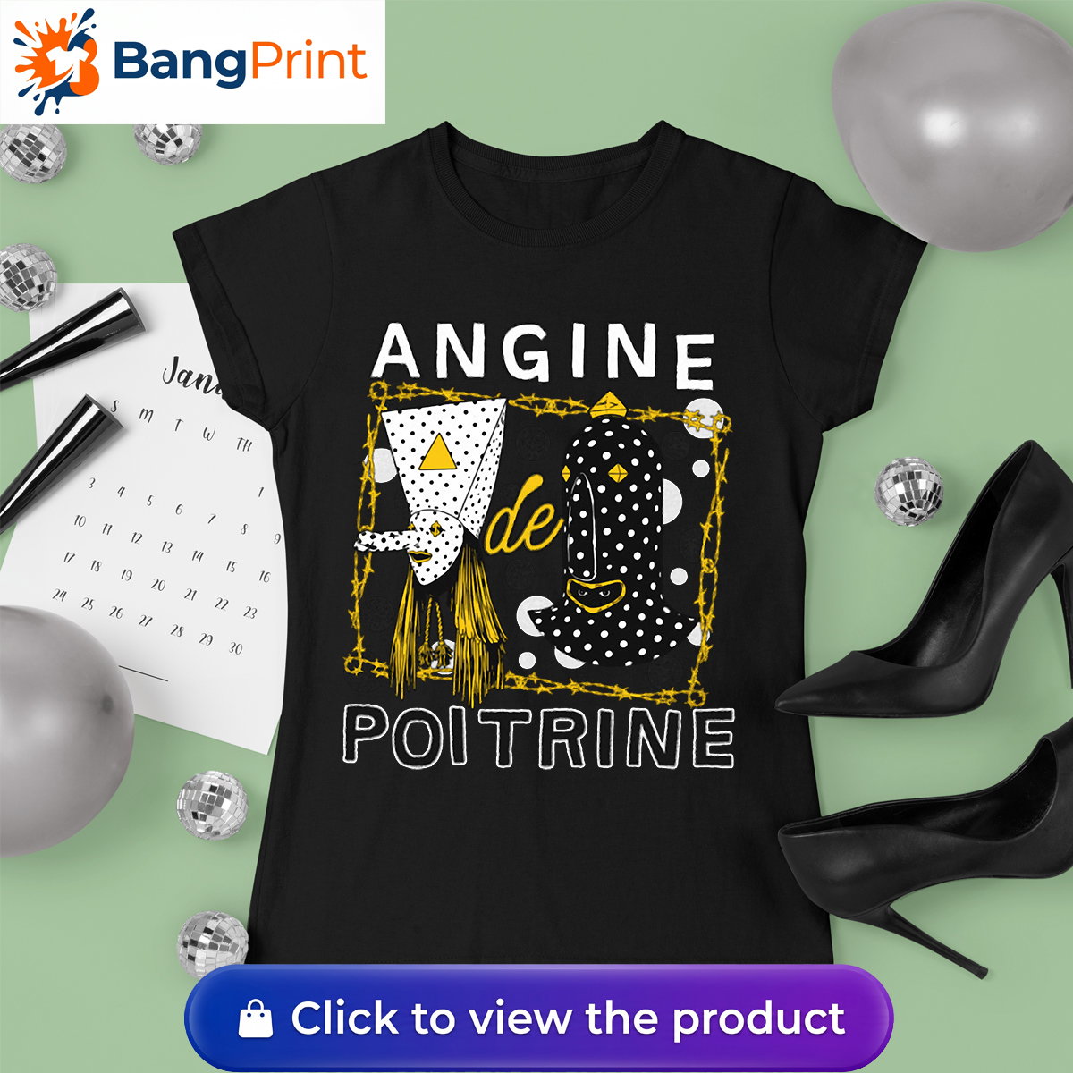 Black t-shirt featuring a surrealist avant-garde mask design