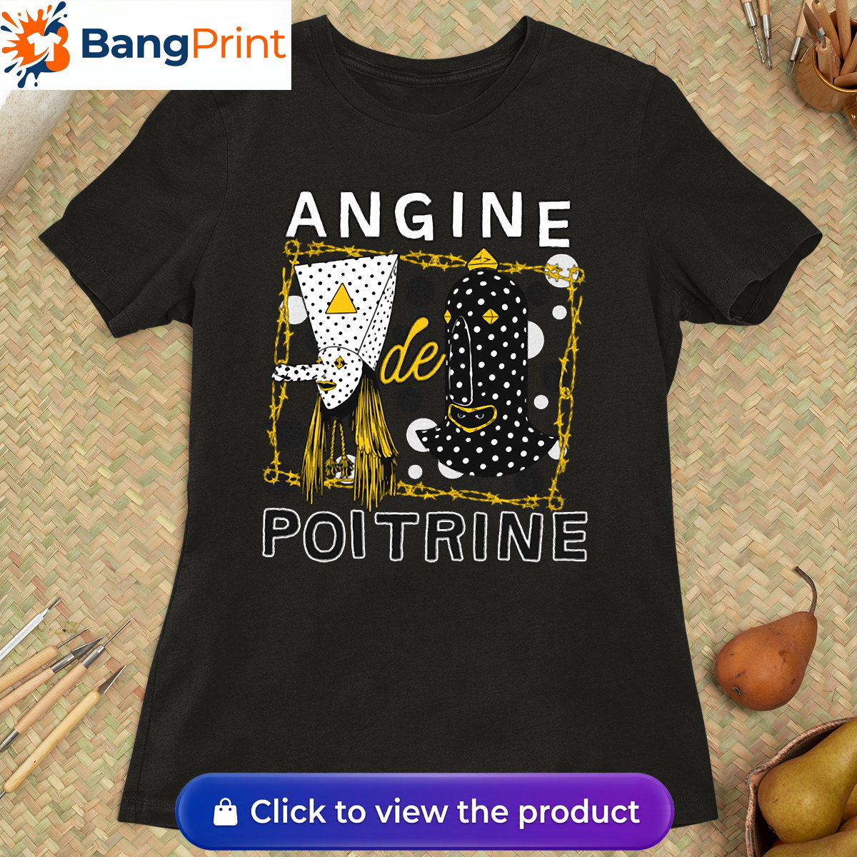 Black t-shirt featuring a surrealist avant-garde mask design