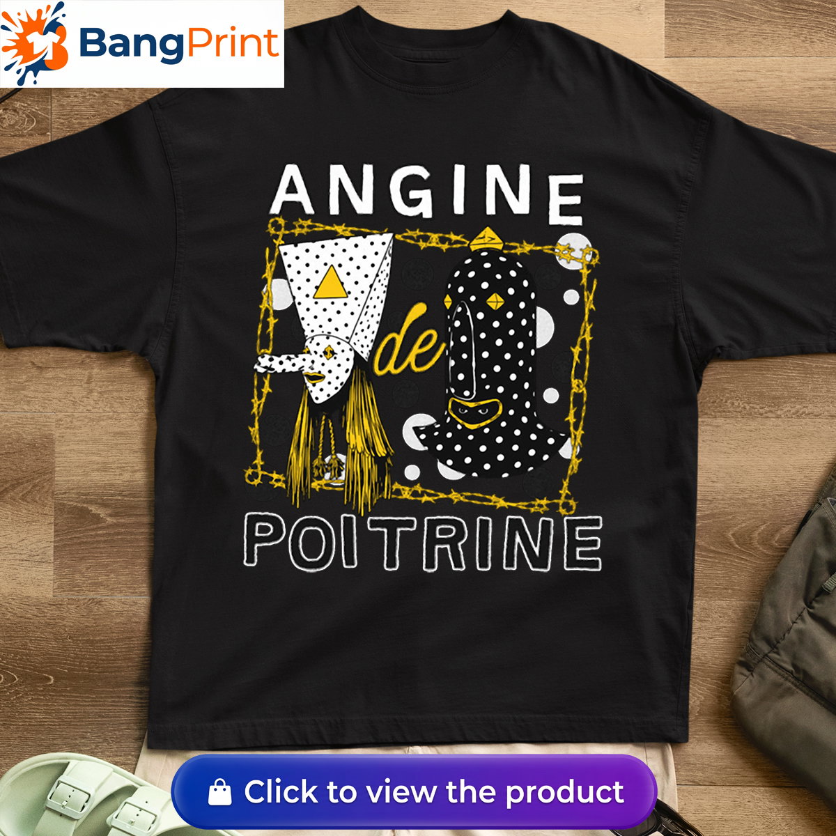 Black t-shirt featuring a surrealist avant-garde mask design