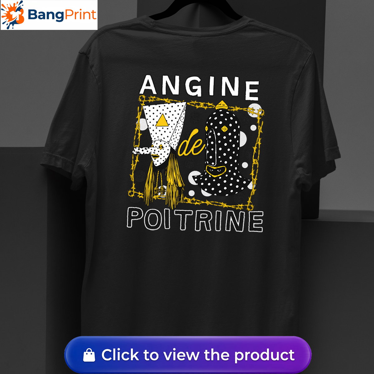 Black t-shirt featuring a surrealist avant-garde mask design