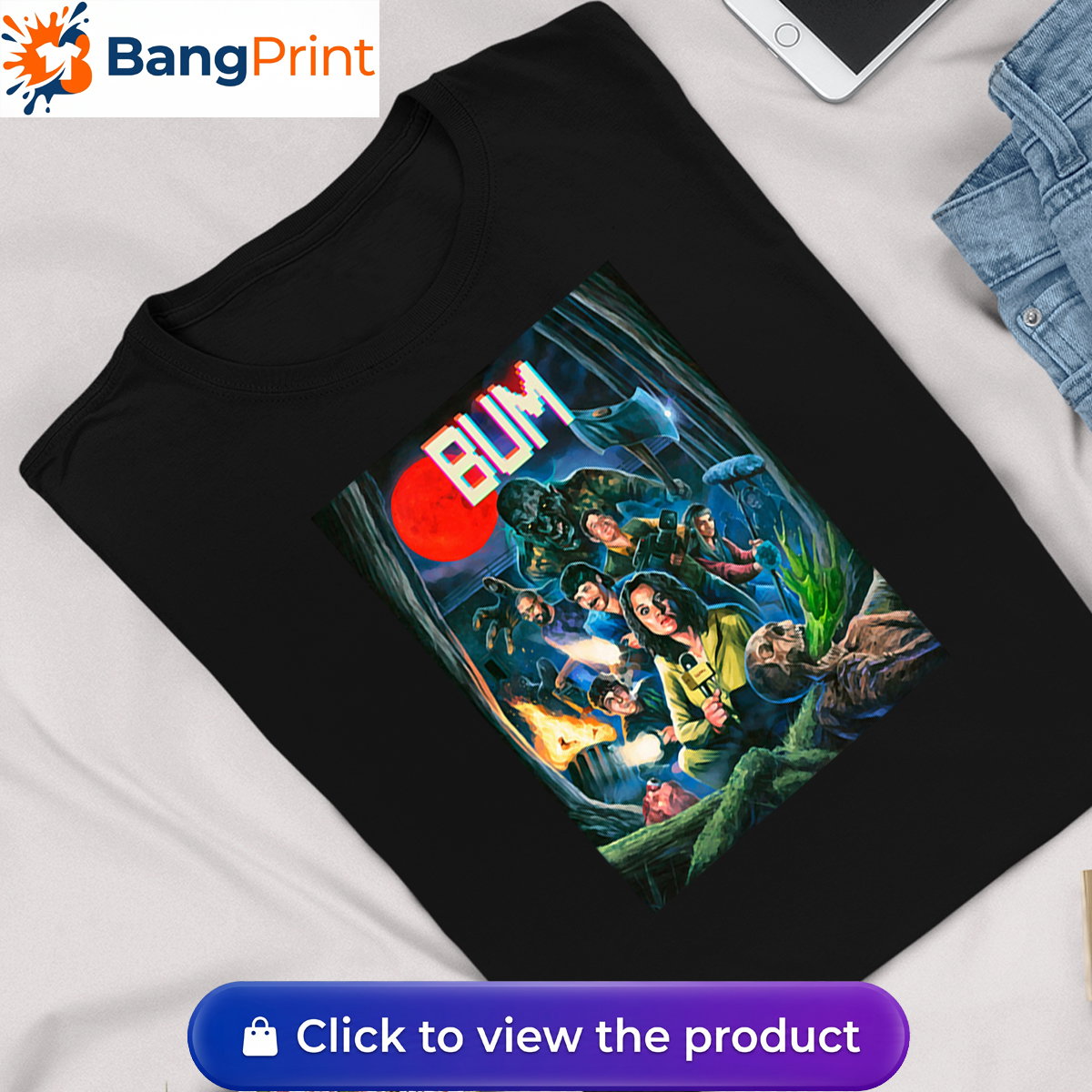 Black cotton t-shirt featuring a retro horror-inspired graphic of a news crew and monsters under a blood moon with the stylized text "BUM".