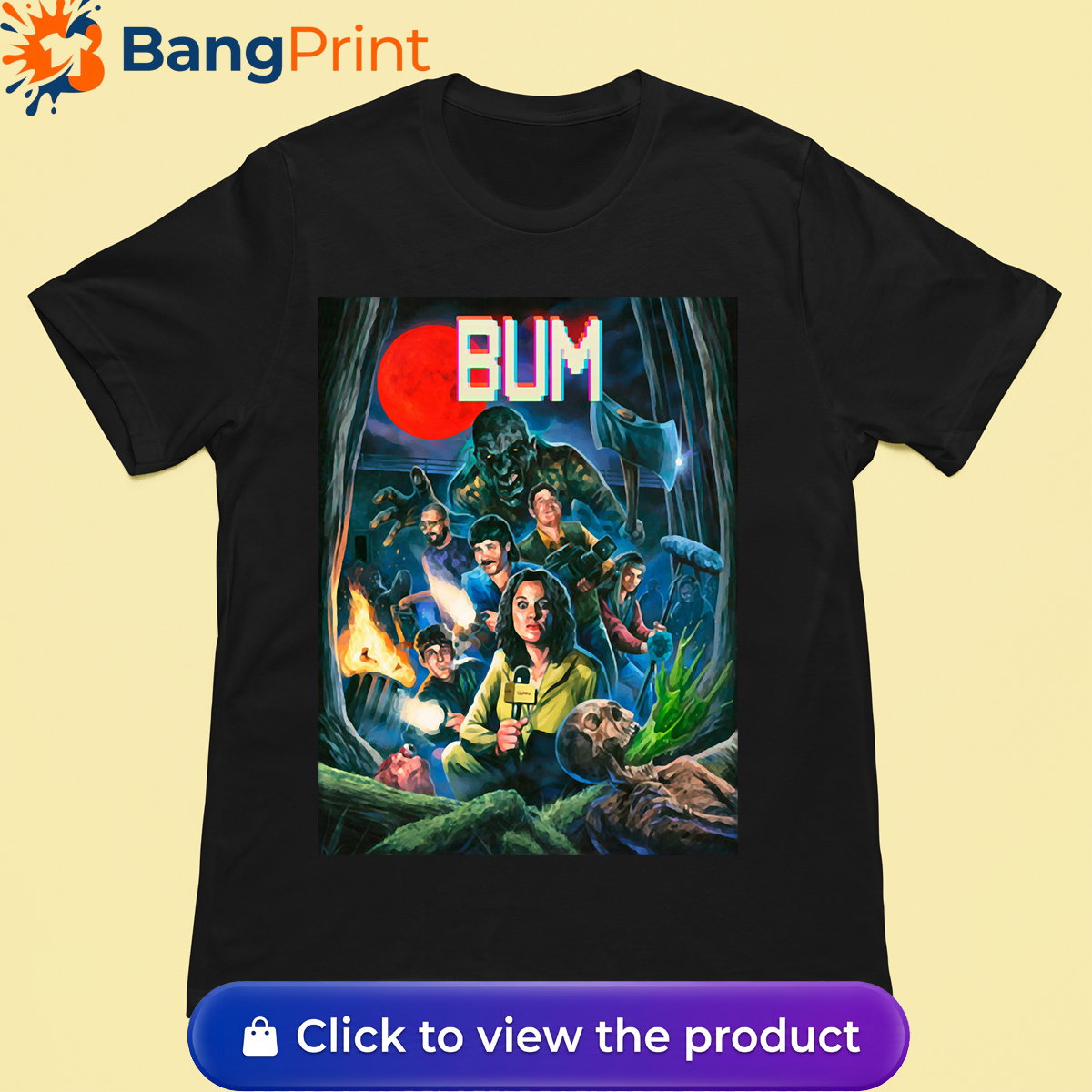 Black cotton t-shirt featuring a retro horror-inspired graphic of a news crew and monsters under a blood moon with the stylized text "BUM".