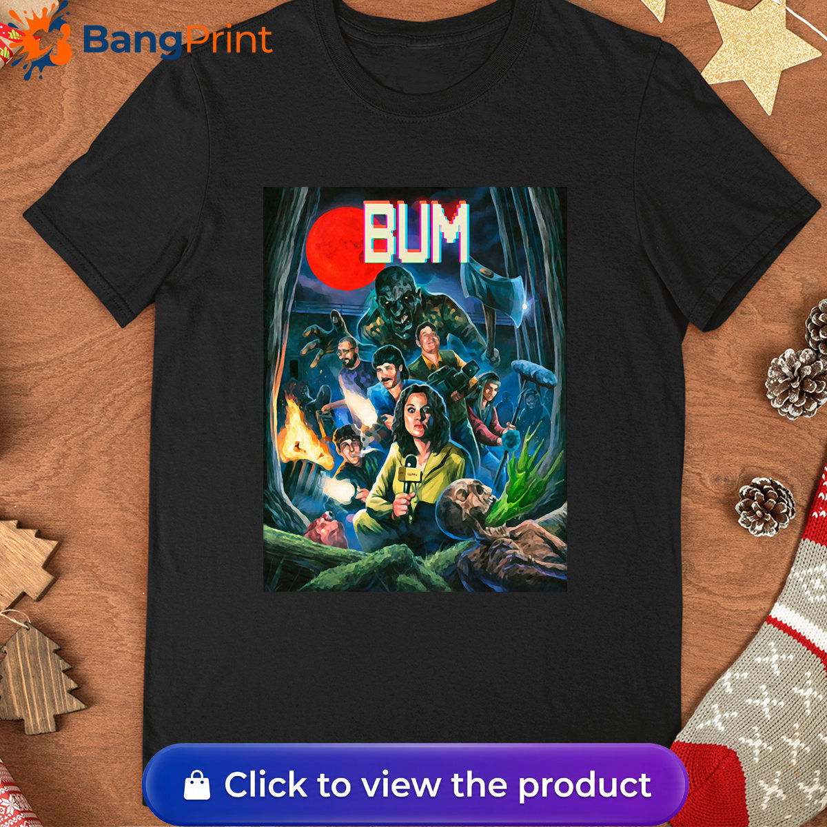Black cotton t-shirt featuring a retro horror-inspired graphic of a news crew and monsters under a blood moon with the stylized text "BUM".