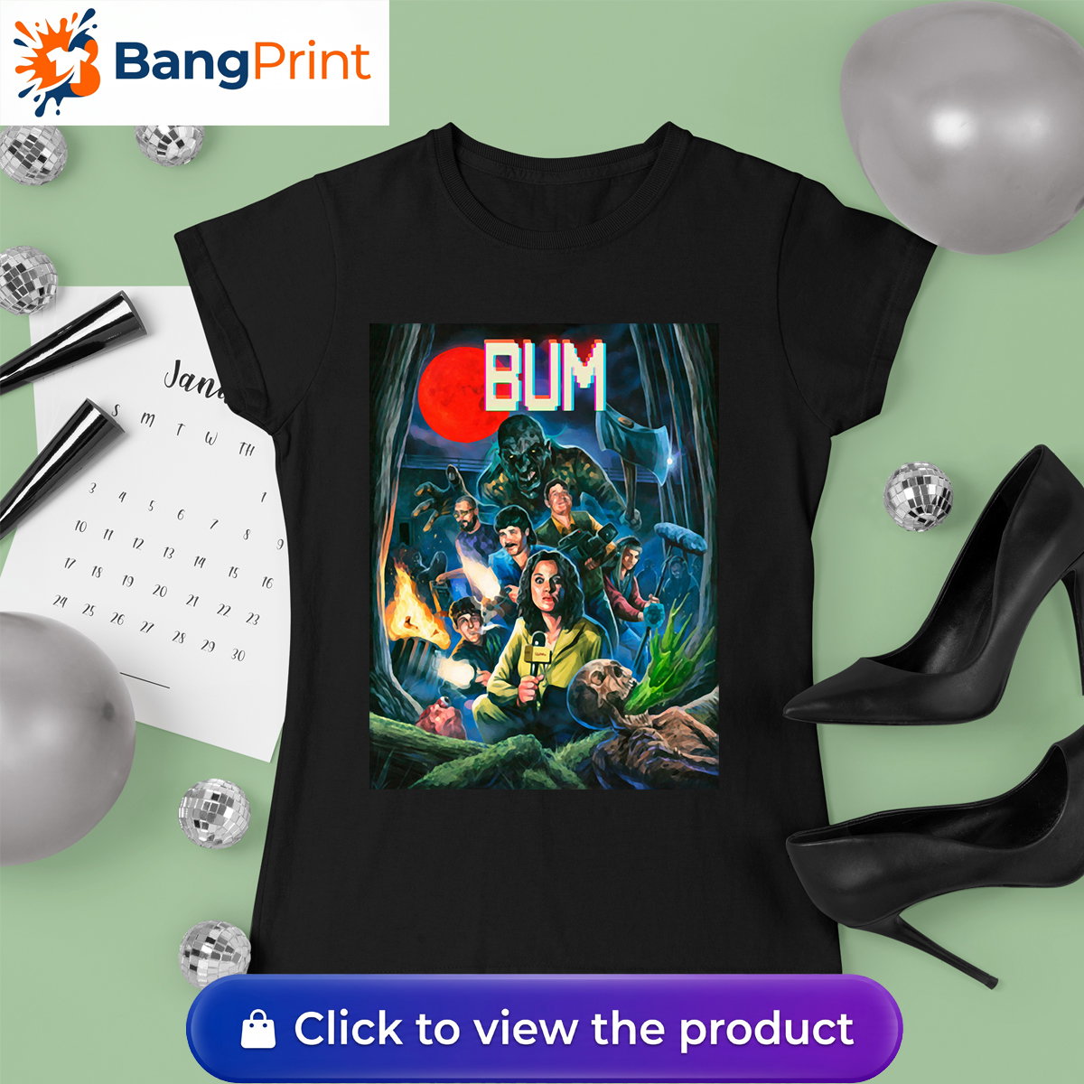 Black cotton t-shirt featuring a retro horror-inspired graphic of a news crew and monsters under a blood moon with the stylized text "BUM".