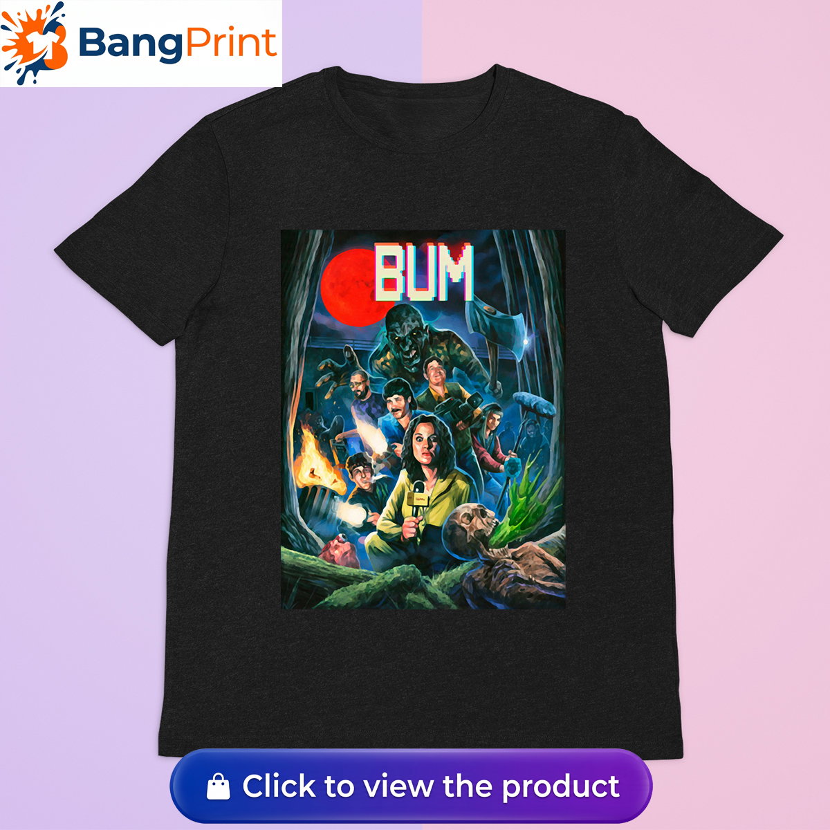 Black cotton t-shirt featuring a retro horror-inspired graphic of a news crew and monsters under a blood moon with the stylized text "BUM".
