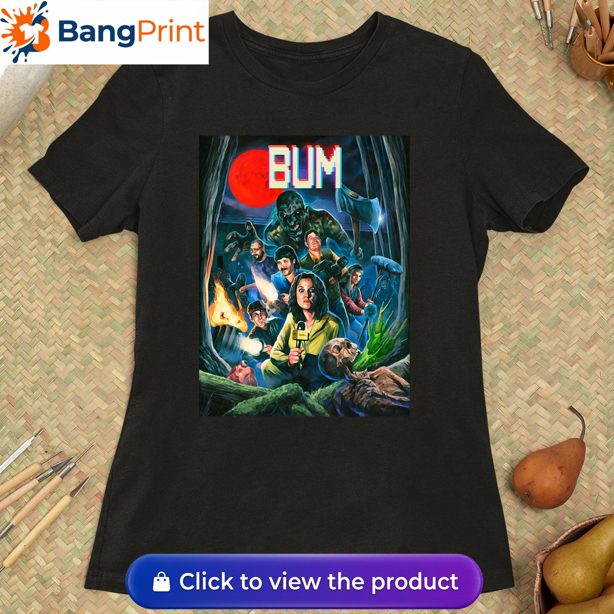 Black cotton t-shirt featuring a retro horror-inspired graphic of a news crew and monsters under a blood moon with the stylized text "BUM".