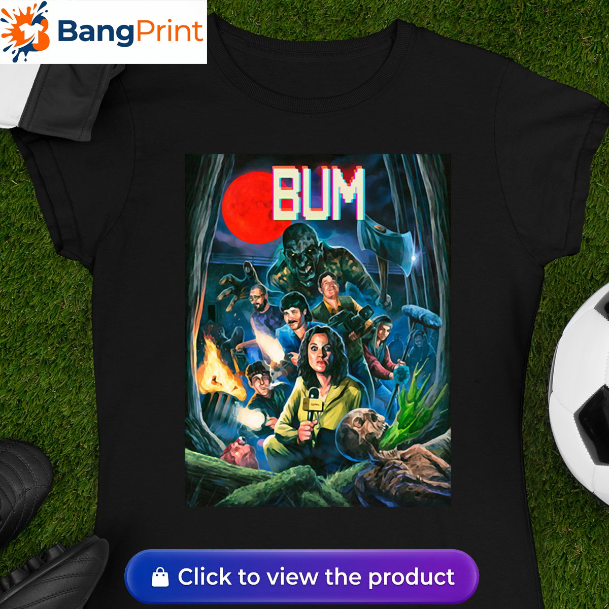 Black cotton t-shirt featuring a retro horror-inspired graphic of a news crew and monsters under a blood moon with the stylized text "BUM".