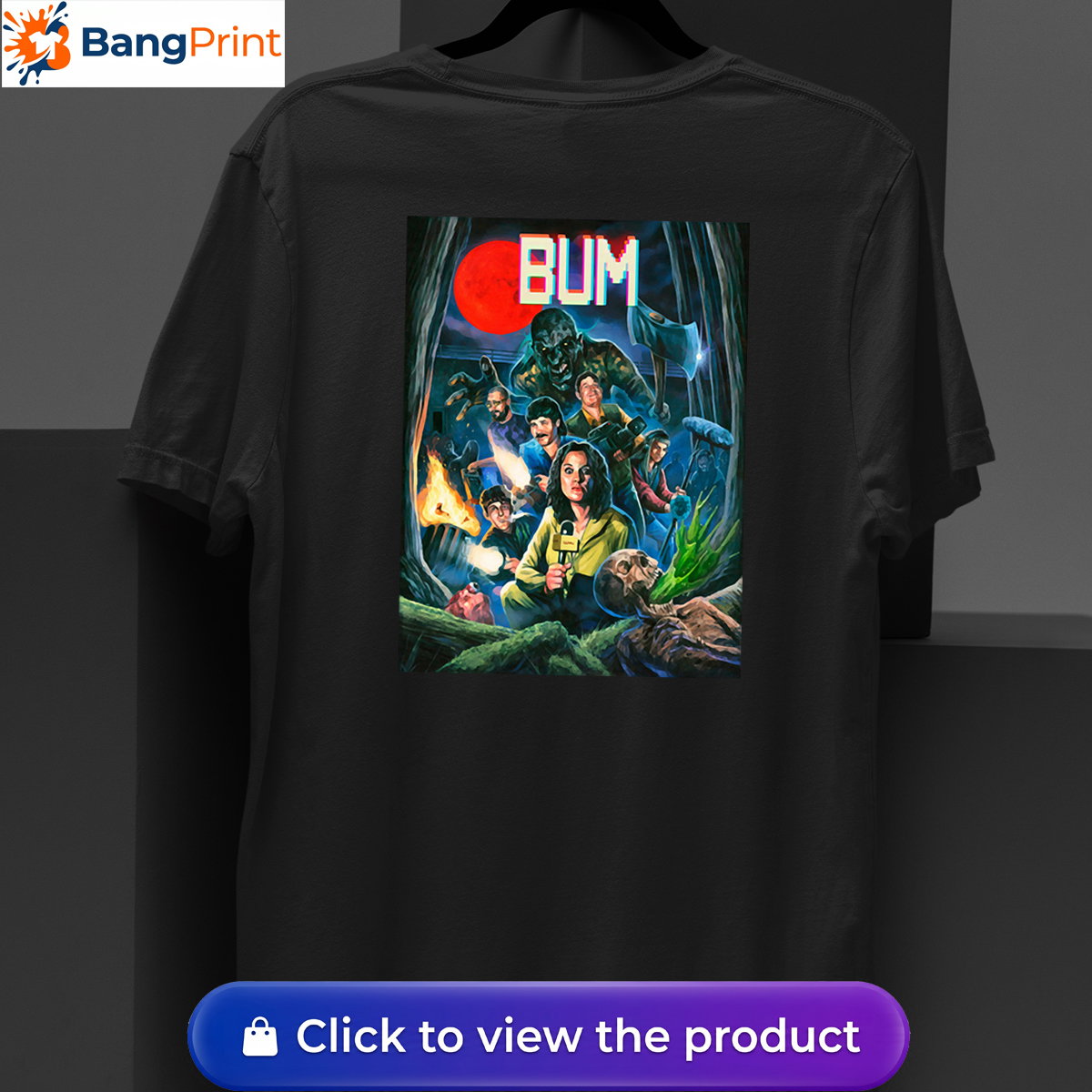 Black cotton t-shirt featuring a retro horror-inspired graphic of a news crew and monsters under a blood moon with the stylized text "BUM".
