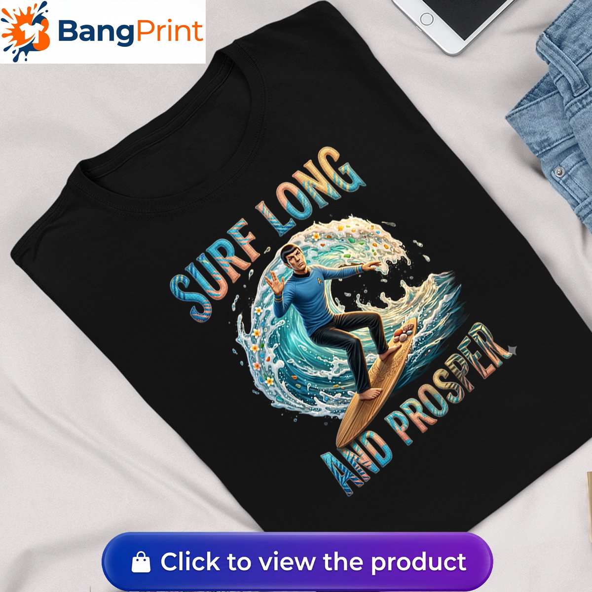 black graphic tee showcasing a Vulcan-like character riding a massive ocean wave.