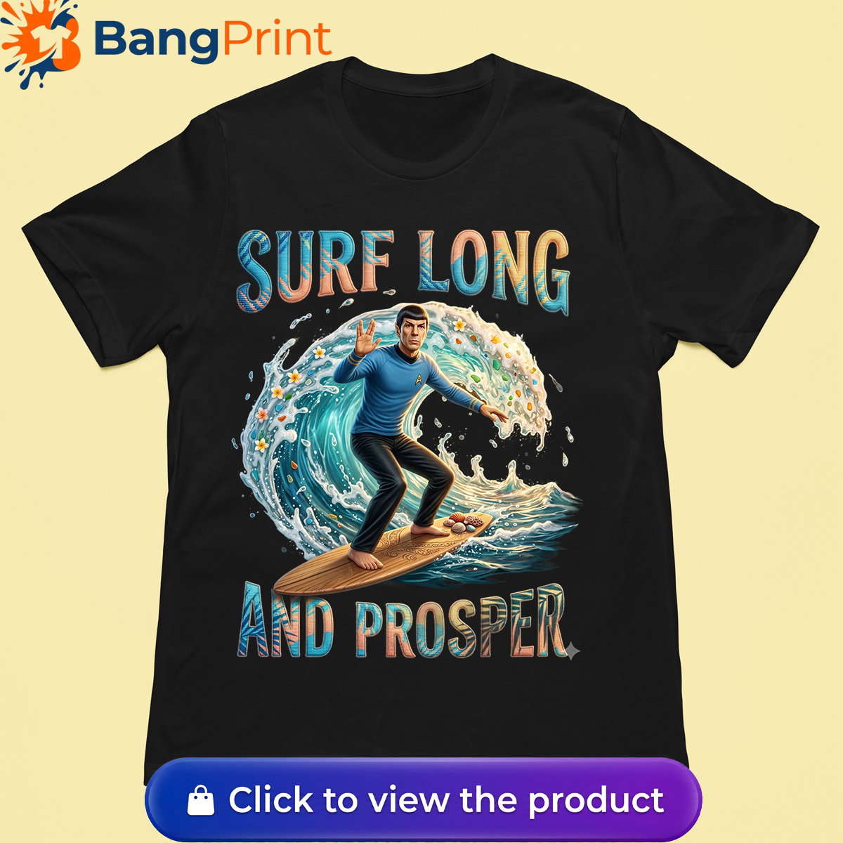 black graphic tee showcasing a Vulcan-like character riding a massive ocean wave.