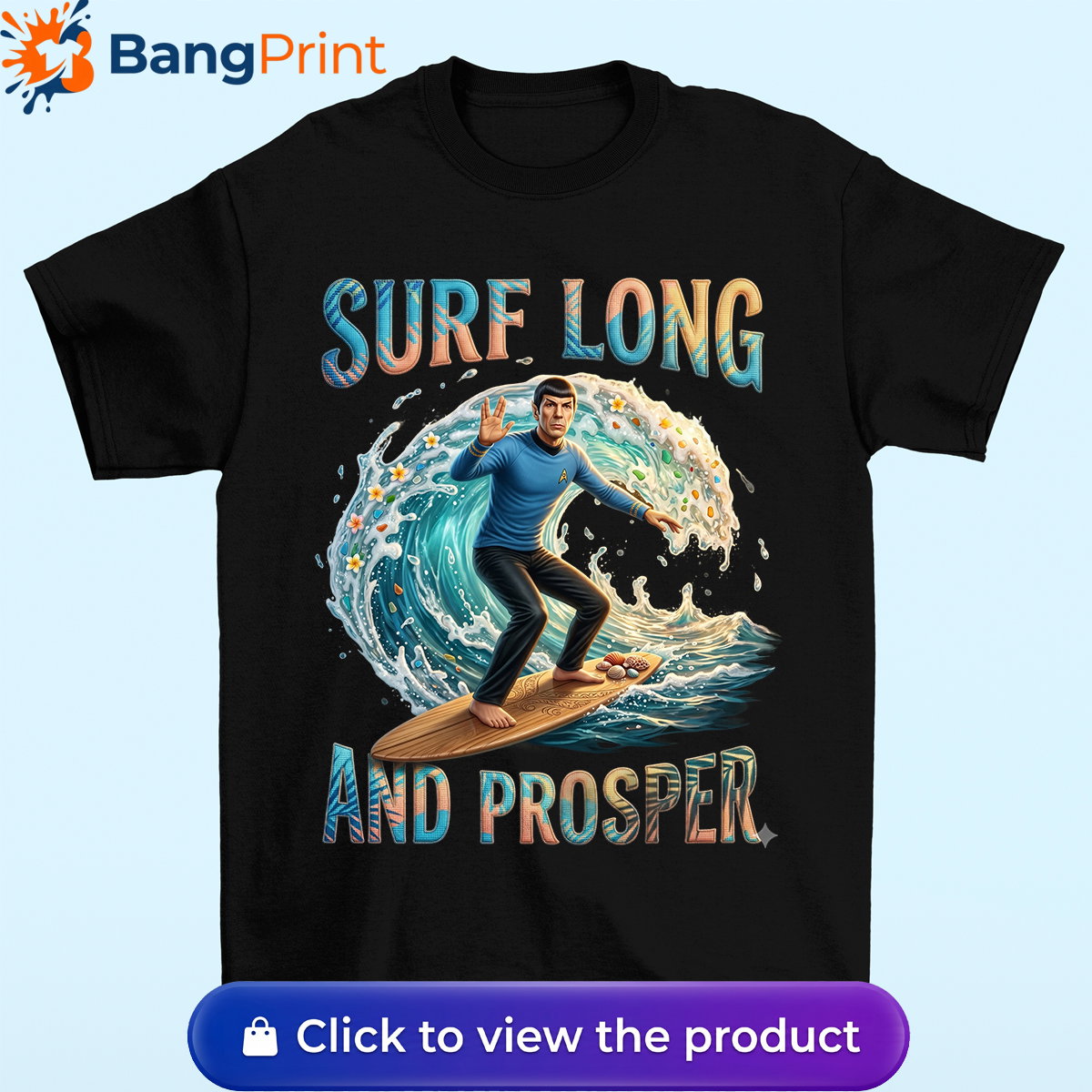black graphic tee showcasing a Vulcan-like character riding a massive ocean wave.