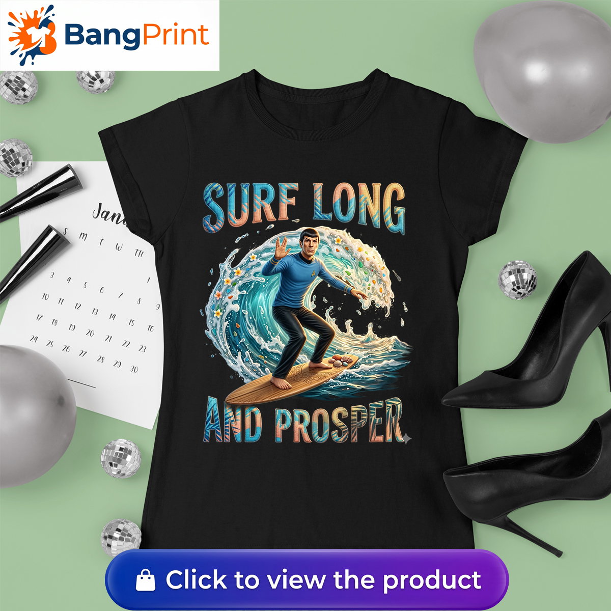 black graphic tee showcasing a Vulcan-like character riding a massive ocean wave.
