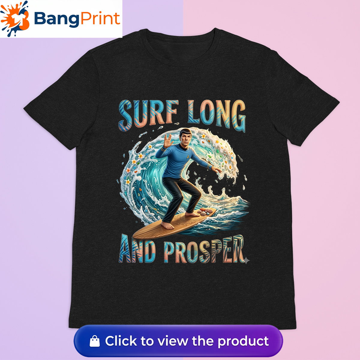 black graphic tee showcasing a Vulcan-like character riding a massive ocean wave.