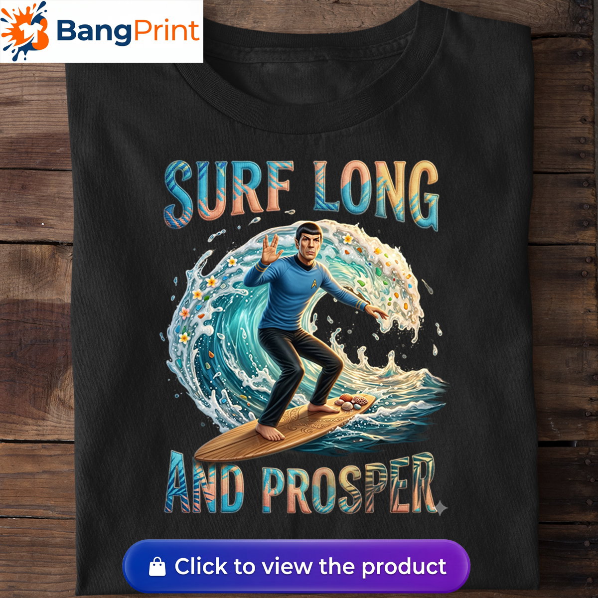 black graphic tee showcasing a Vulcan-like character riding a massive ocean wave.