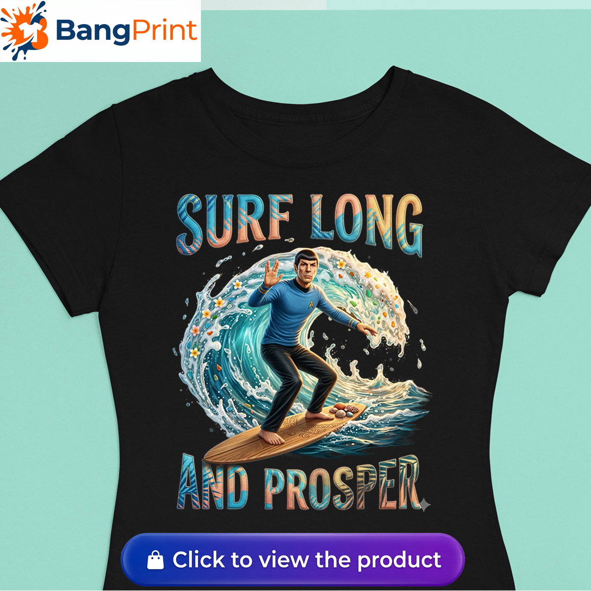 black graphic tee showcasing a Vulcan-like character riding a massive ocean wave.