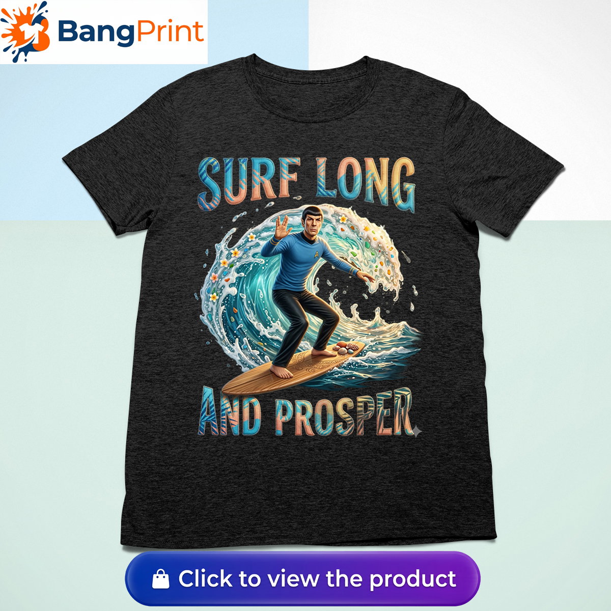 black graphic tee showcasing a Vulcan-like character riding a massive ocean wave.