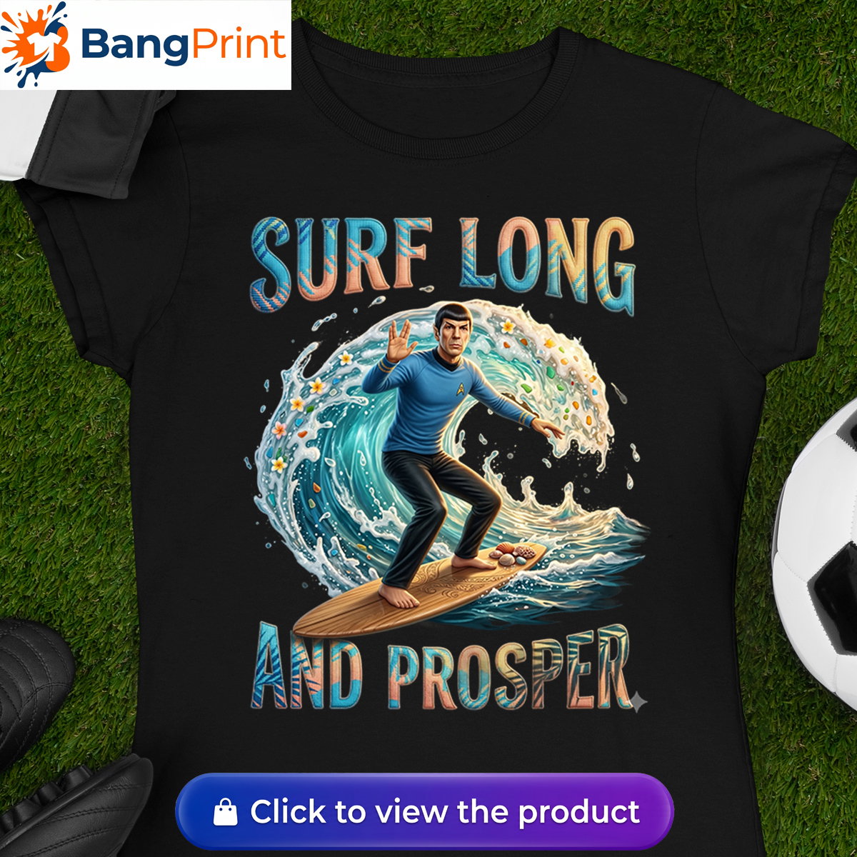 black graphic tee showcasing a Vulcan-like character riding a massive ocean wave.