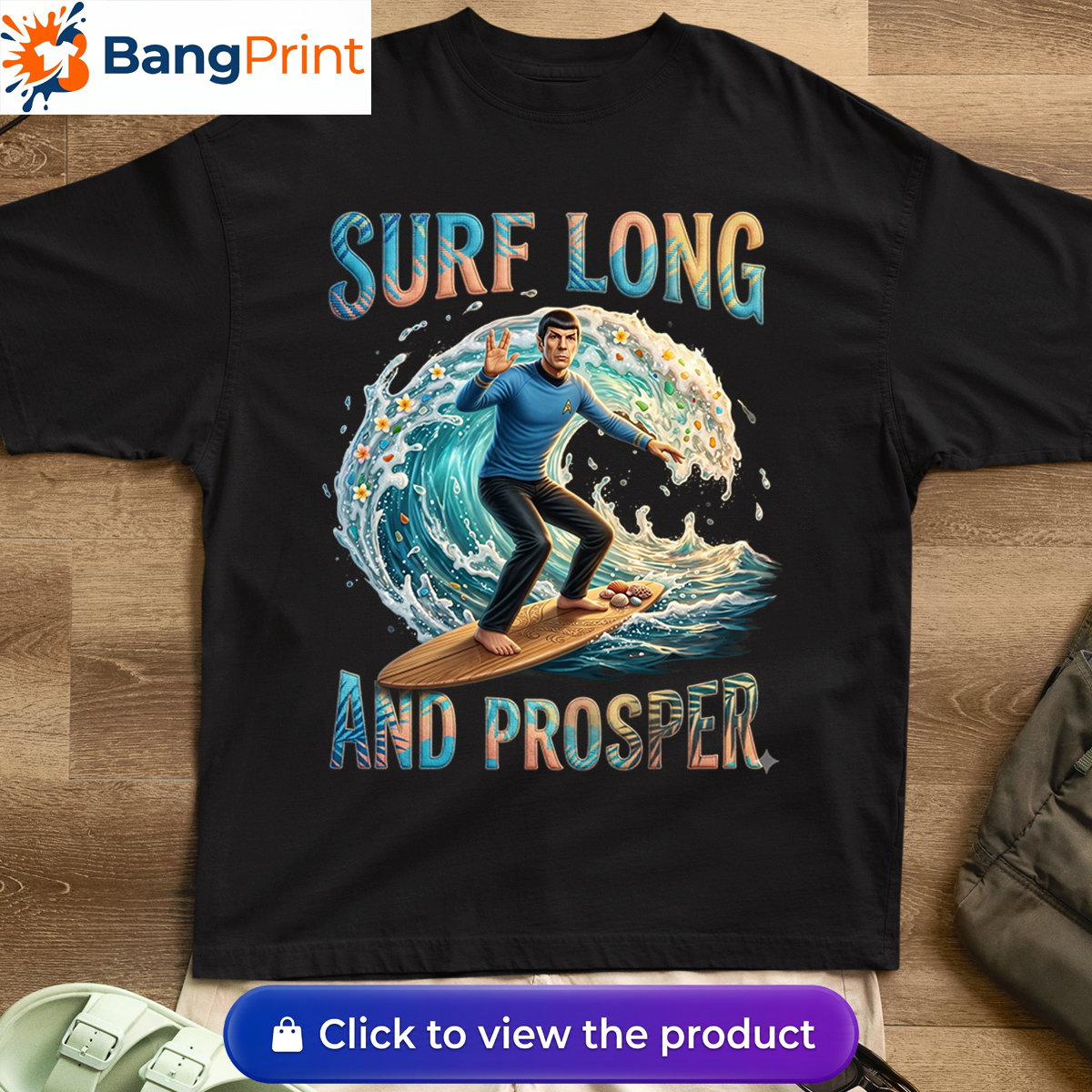black graphic tee showcasing a Vulcan-like character riding a massive ocean wave.