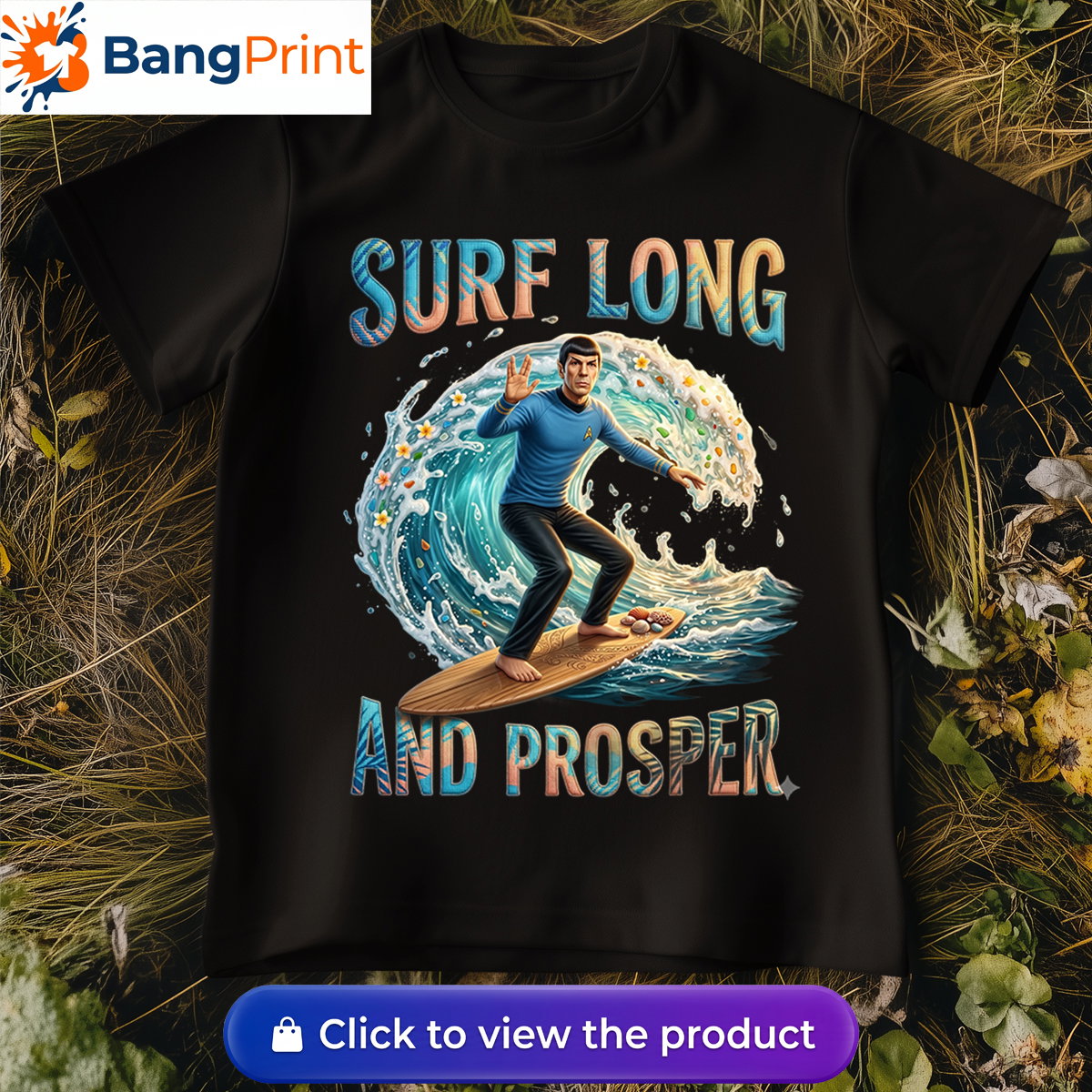 black graphic tee showcasing a Vulcan-like character riding a massive ocean wave.