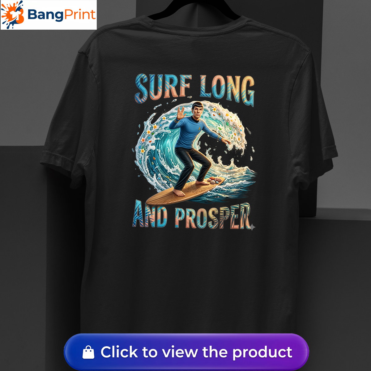 black graphic tee showcasing a Vulcan-like character riding a massive ocean wave.