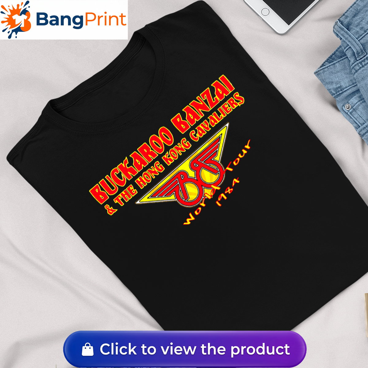 Black vintage graphic t-shirt featuring the red and yellow Buckaroo Banzai and The Hong Kong Cavaliers 1984 World Tour logo.