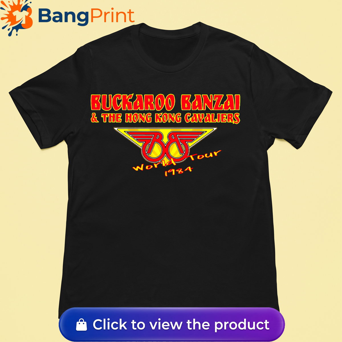 Black vintage graphic t-shirt featuring the red and yellow Buckaroo Banzai and The Hong Kong Cavaliers 1984 World Tour logo.