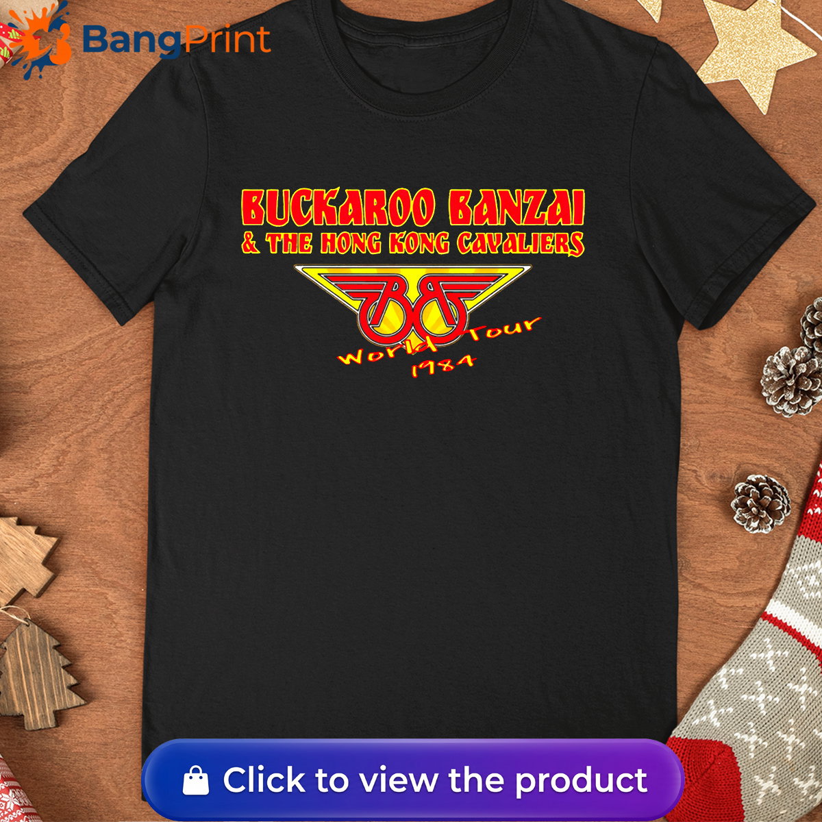Vintage 1984 Buckaroo Banzai World Tour Shirt Black vintage graphic t-shirt featuring the red and yellow Buckaroo Banzai and The Hong Kong Cavaliers 1984 World Tour logo.