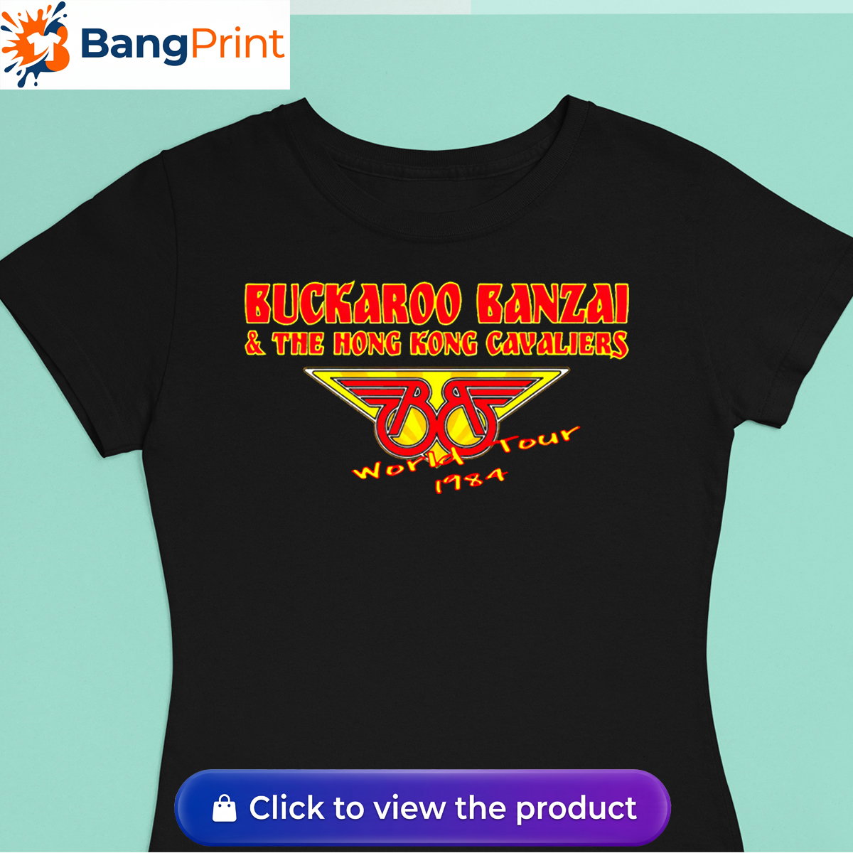 Vintage 1984 Buckaroo Banzai World Tour Shirt Black vintage graphic t-shirt featuring the red and yellow Buckaroo Banzai and The Hong Kong Cavaliers 1984 World Tour logo.