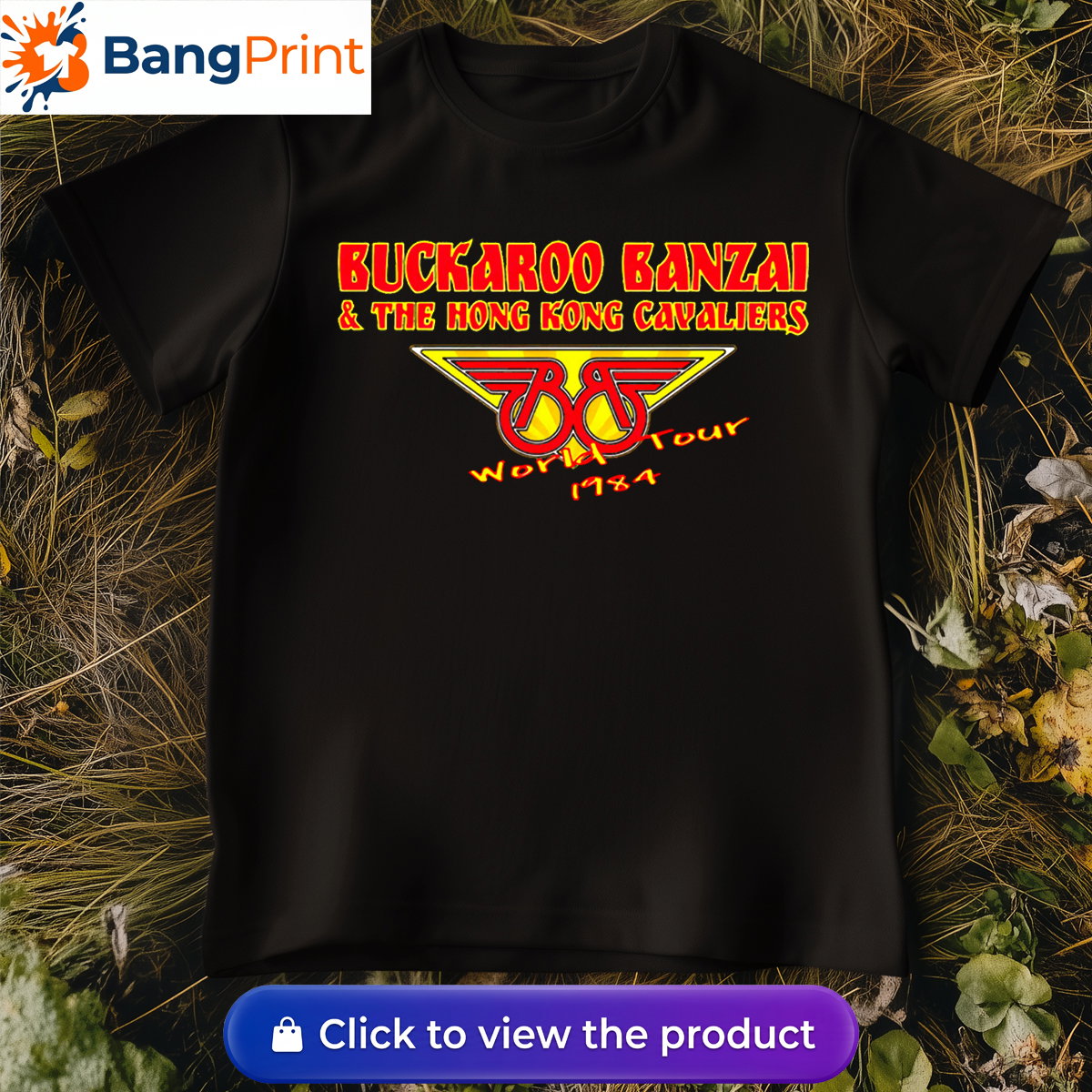 Vintage 1984 Buckaroo Banzai World Tour Shirt Black vintage graphic t-shirt featuring the red and yellow Buckaroo Banzai and The Hong Kong Cavaliers 1984 World Tour logo.