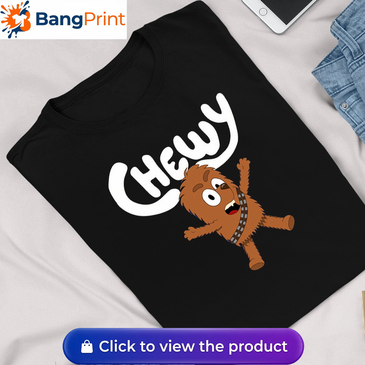 Black t-shirt featuring a cartoon crossover design of Chewbacca drawn in the style of Bluey with the text Chewy.