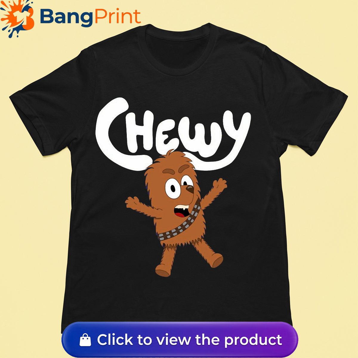 Black t-shirt featuring a cartoon crossover design of Chewbacca drawn in the style of Bluey with the text Chewy.