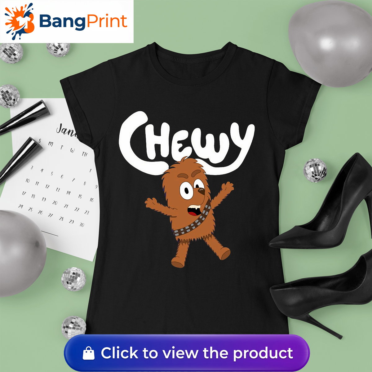 Black t-shirt featuring a cartoon crossover design of Chewbacca drawn in the style of Bluey with the text Chewy.