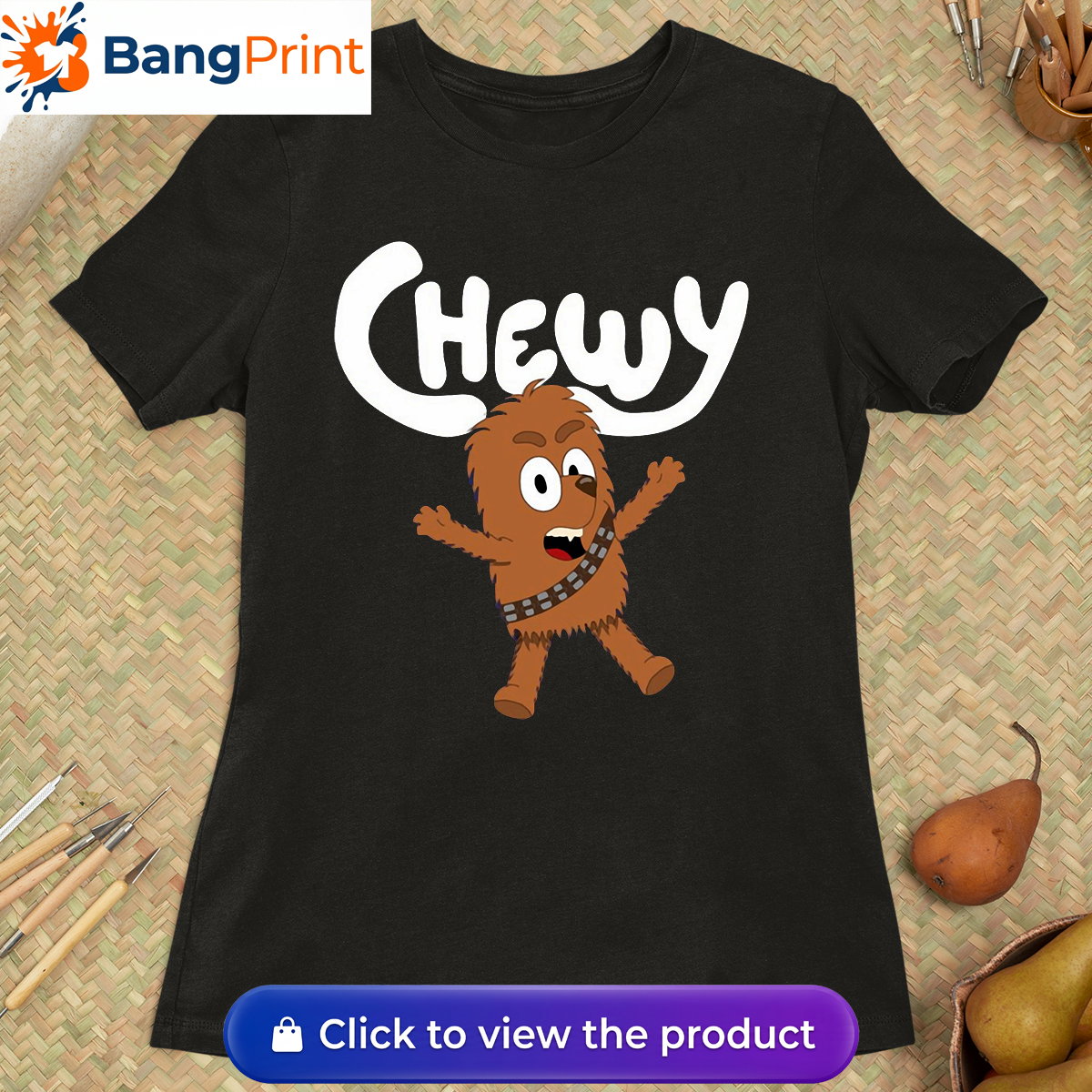 Black t-shirt featuring a cartoon crossover design of Chewbacca drawn in the style of Bluey with the text Chewy.