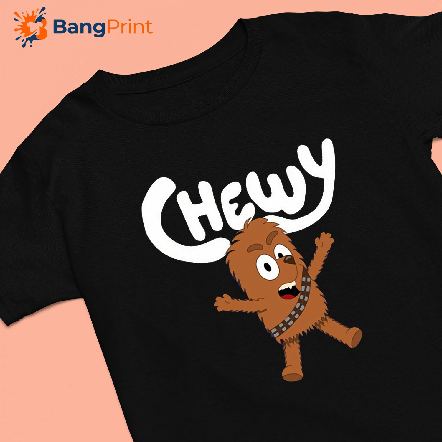 Black t-shirt featuring a cartoon crossover design of Chewbacca drawn in the style of Bluey with the text Chewy.