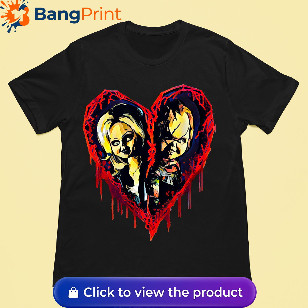 Black short-sleeve t-shirt displaying a graphic of a broken, dripping red bloody heart containing the stylized faces of horror movie characters Chucky and Tiffany.
