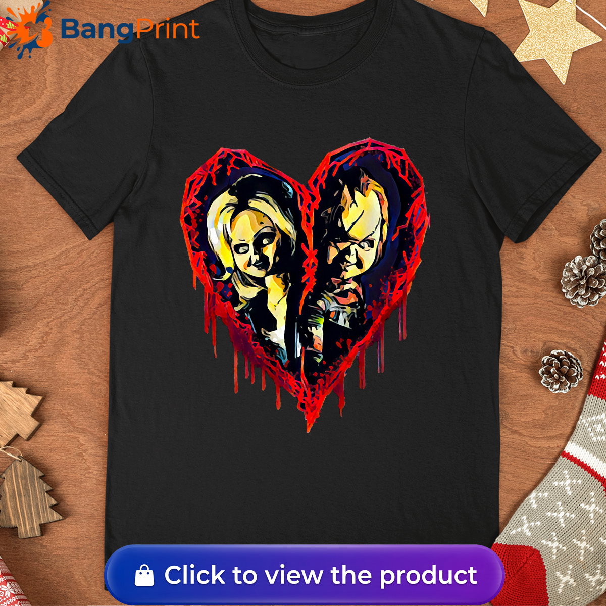 Black short-sleeve t-shirt displaying a graphic of a broken, dripping red bloody heart containing the stylized faces of horror movie characters Chucky and Tiffany.