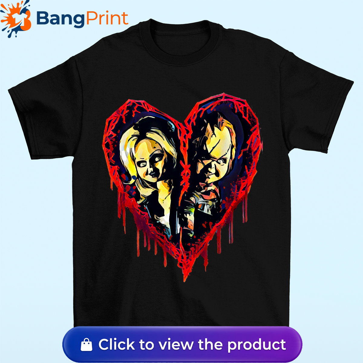 Black short-sleeve t-shirt displaying a graphic of a broken, dripping red bloody heart containing the stylized faces of horror movie characters Chucky and Tiffany.