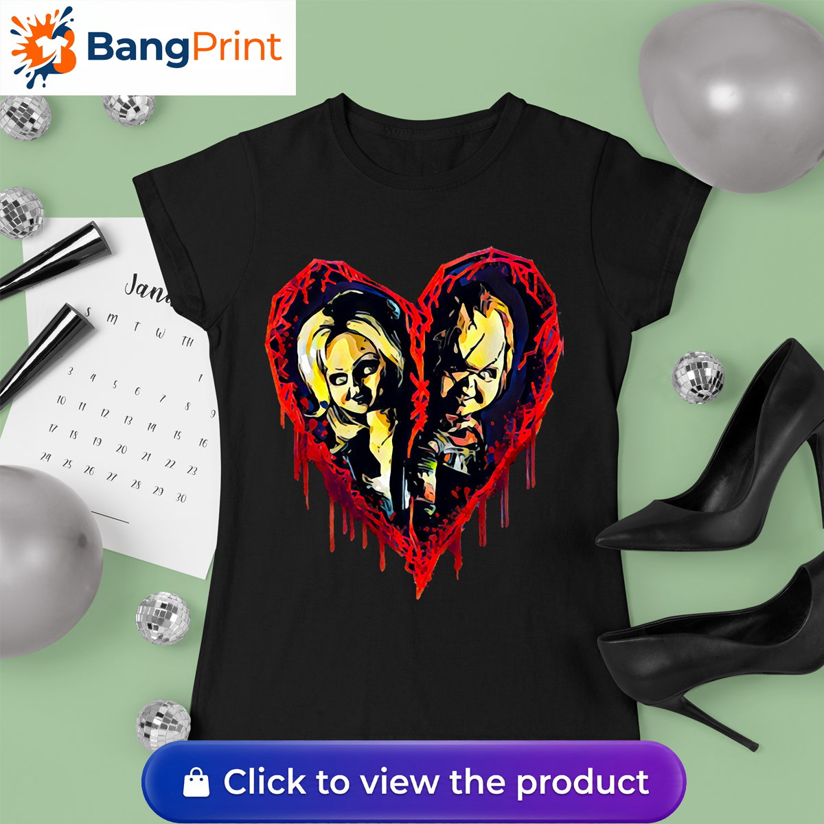 Black short-sleeve t-shirt displaying a graphic of a broken, dripping red bloody heart containing the stylized faces of horror movie characters Chucky and Tiffany.