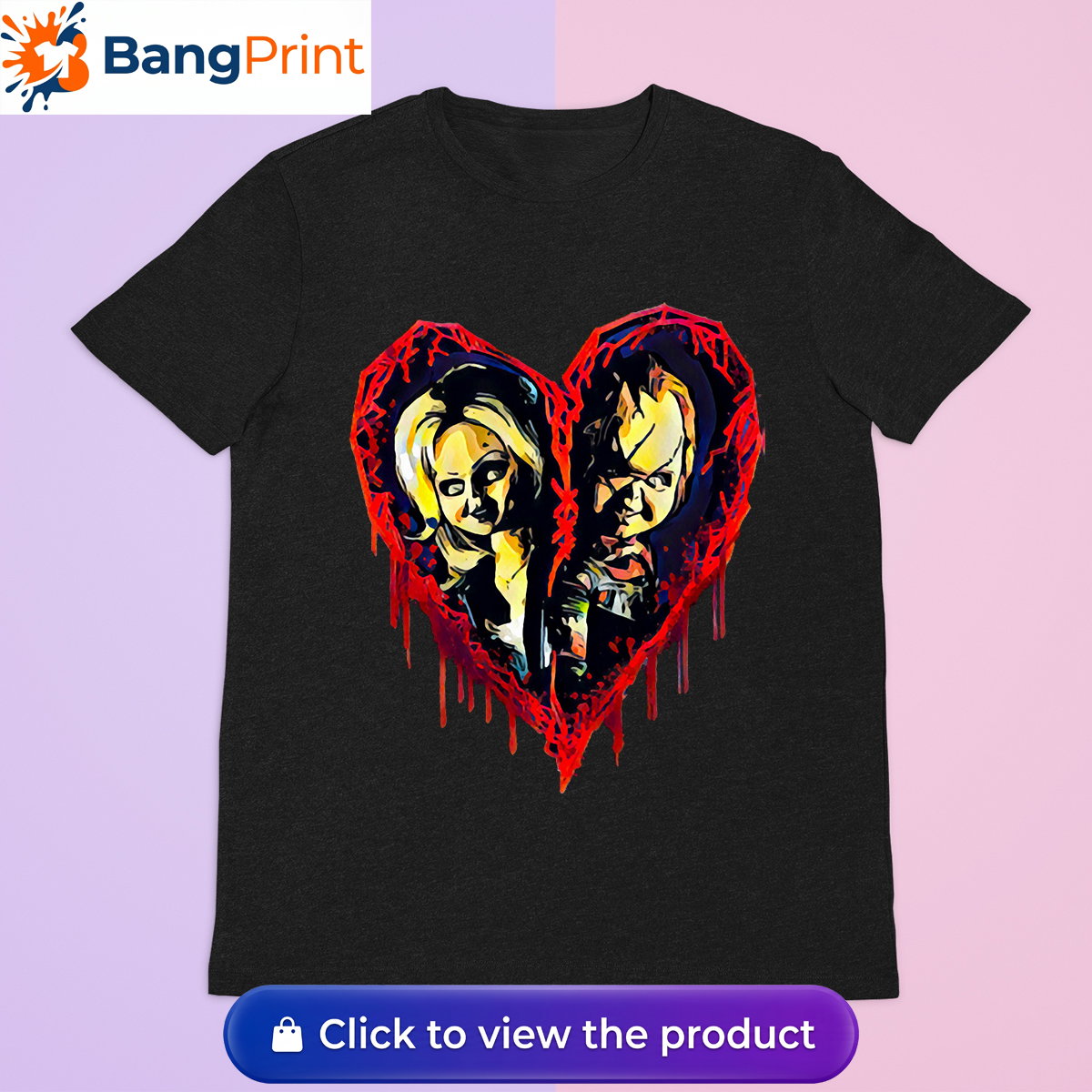 Black short-sleeve t-shirt displaying a graphic of a broken, dripping red bloody heart containing the stylized faces of horror movie characters Chucky and Tiffany.