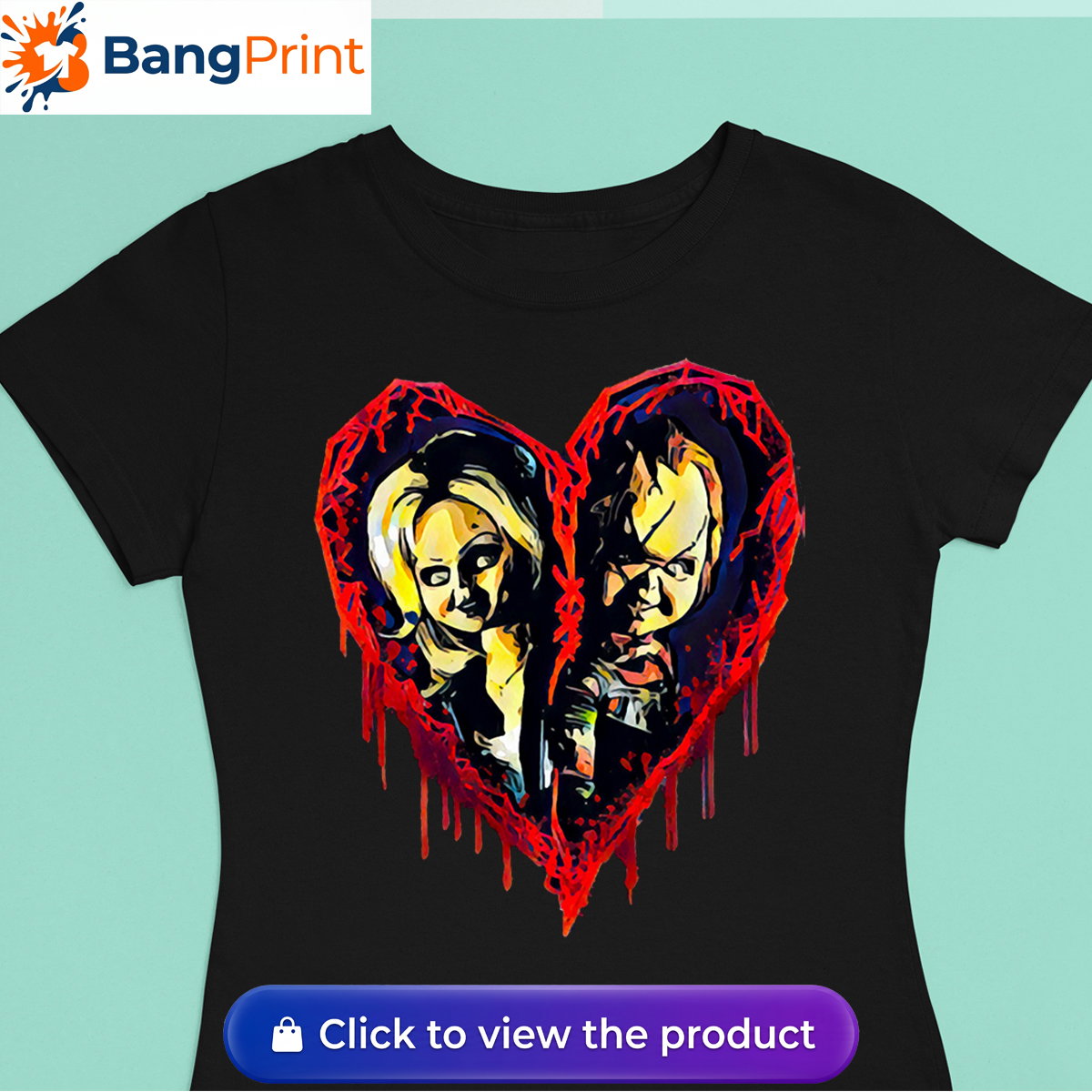 Black short-sleeve t-shirt displaying a graphic of a broken, dripping red bloody heart containing the stylized faces of horror movie characters Chucky and Tiffany.