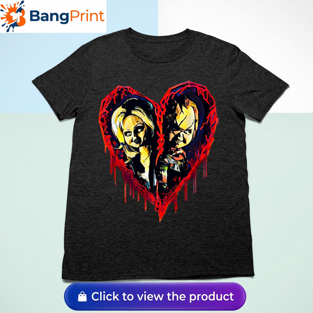 Black short-sleeve t-shirt displaying a graphic of a broken, dripping red bloody heart containing the stylized faces of horror movie characters Chucky and Tiffany.