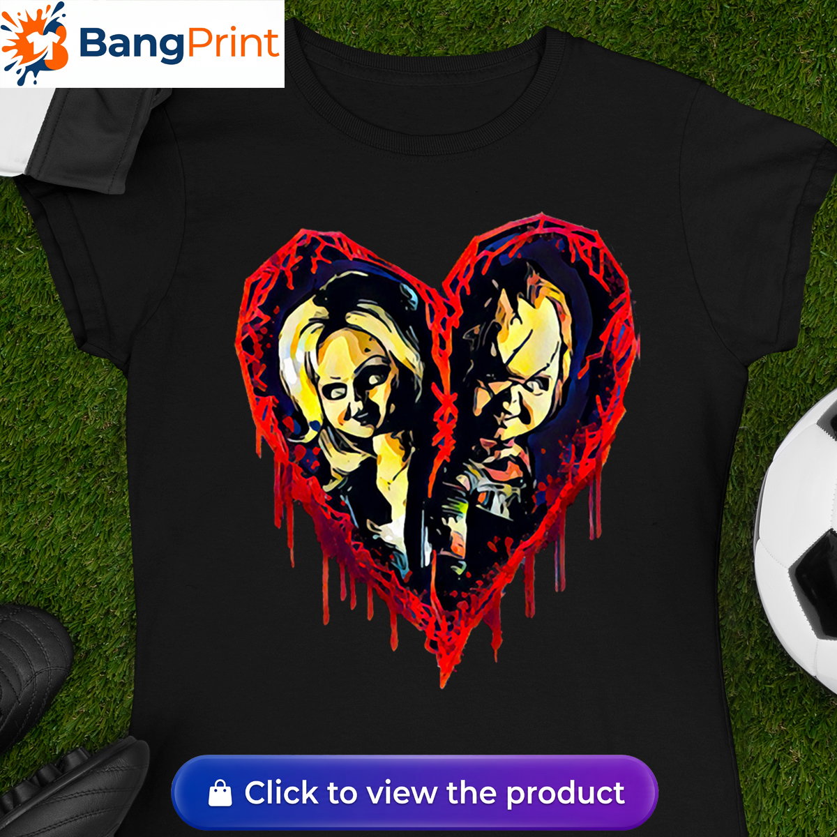 Black short-sleeve t-shirt displaying a graphic of a broken, dripping red bloody heart containing the stylized faces of horror movie characters Chucky and Tiffany.