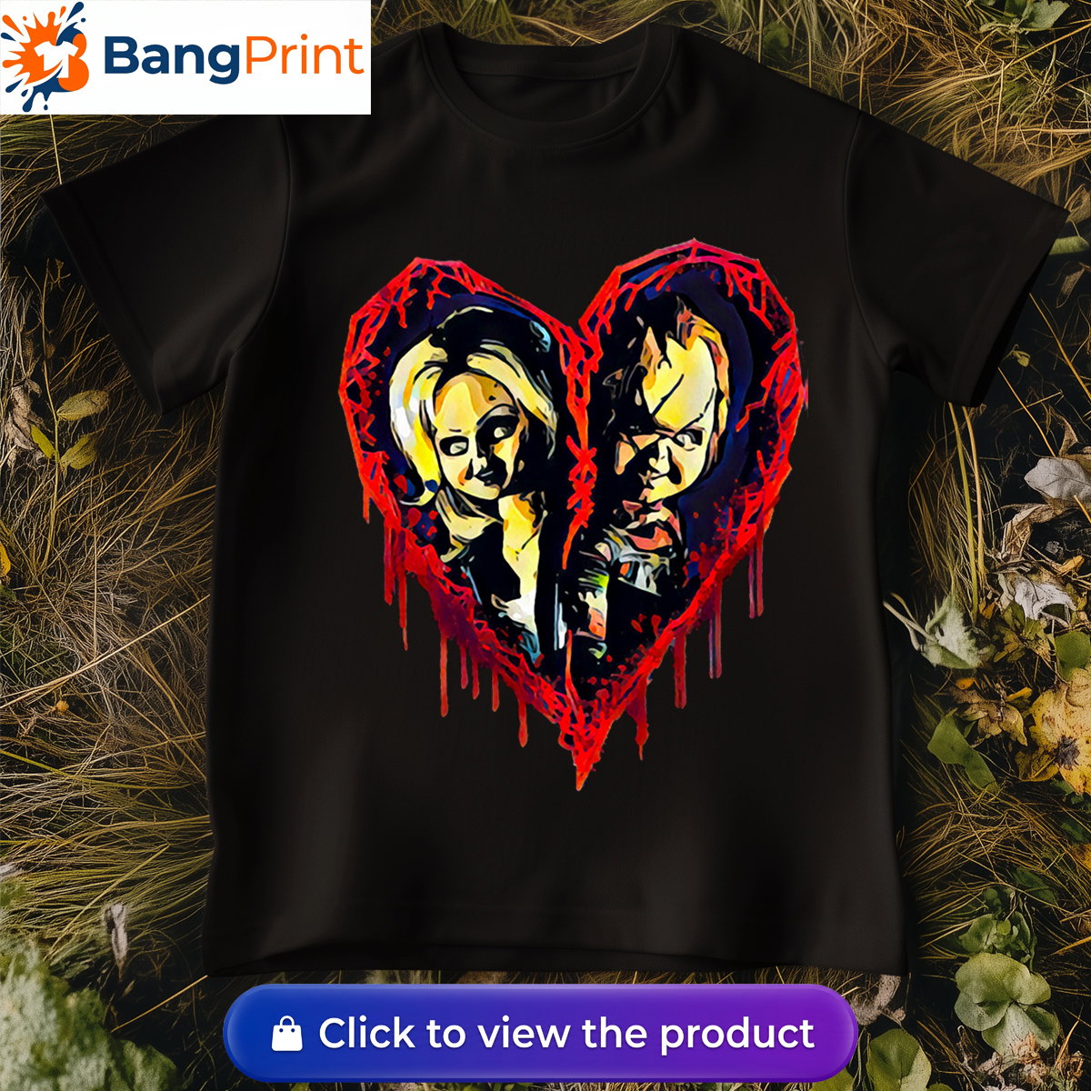 Black short-sleeve t-shirt displaying a graphic of a broken, dripping red bloody heart containing the stylized faces of horror movie characters Chucky and Tiffany.