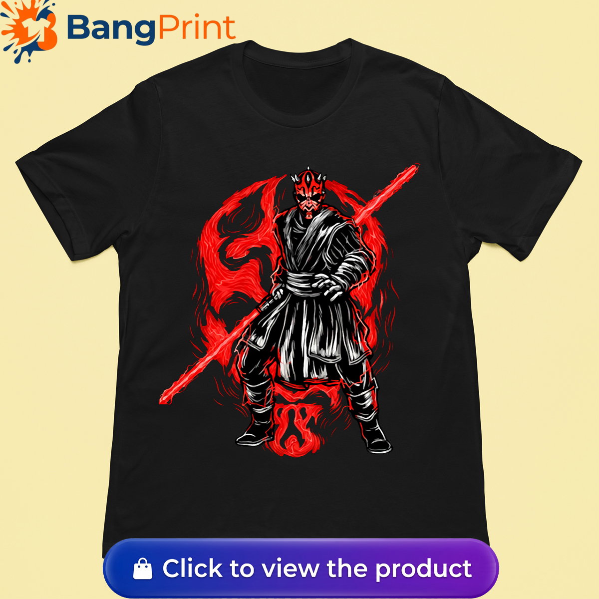 Black Darth Maul Graphic T-Shirt featuring the Sith Lord wielding a double-bladed red lightsaber against a dark, fiery backdrop.