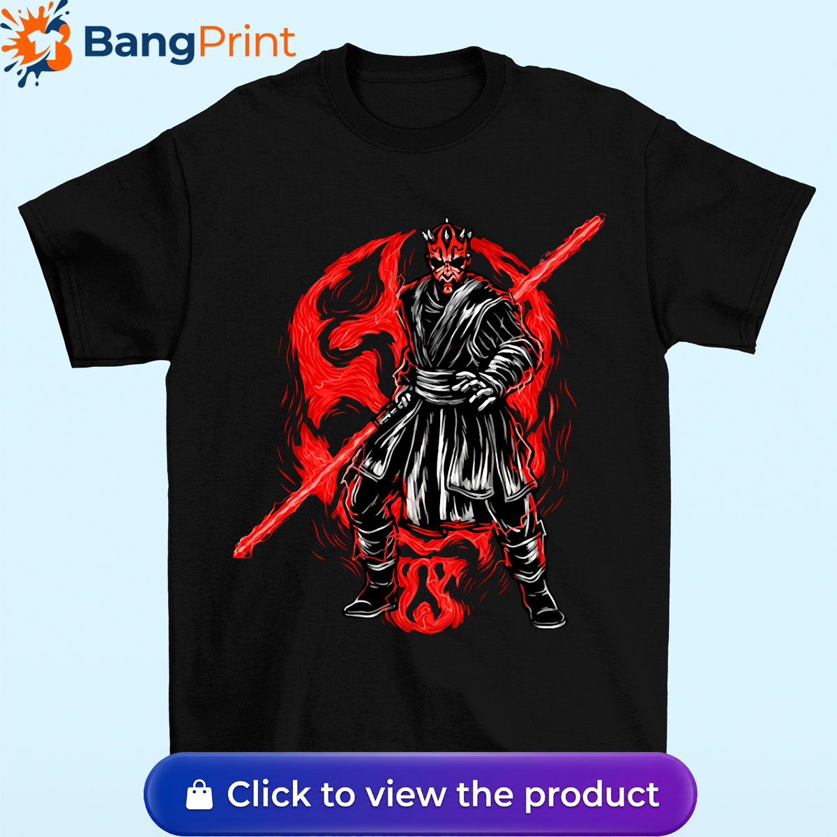 Black Darth Maul Graphic T-Shirt featuring the Sith Lord wielding a double-bladed red lightsaber against a dark, fiery backdrop.
