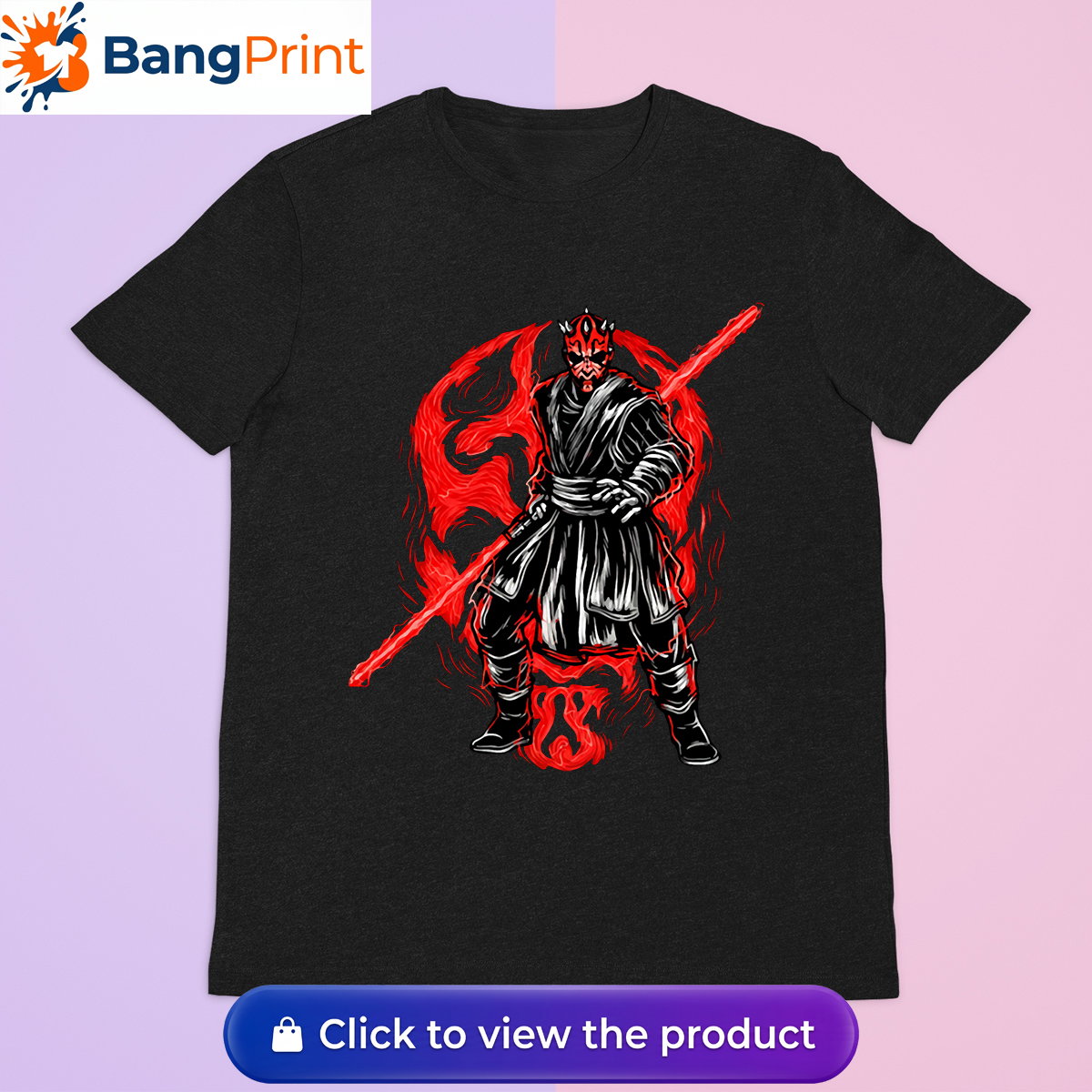 Black Darth Maul Graphic T-Shirt featuring the Sith Lord wielding a double-bladed red lightsaber against a dark, fiery backdrop.