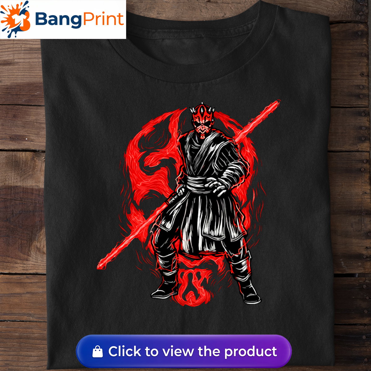 Black Darth Maul Graphic T-Shirt featuring the Sith Lord wielding a double-bladed red lightsaber against a dark, fiery backdrop.