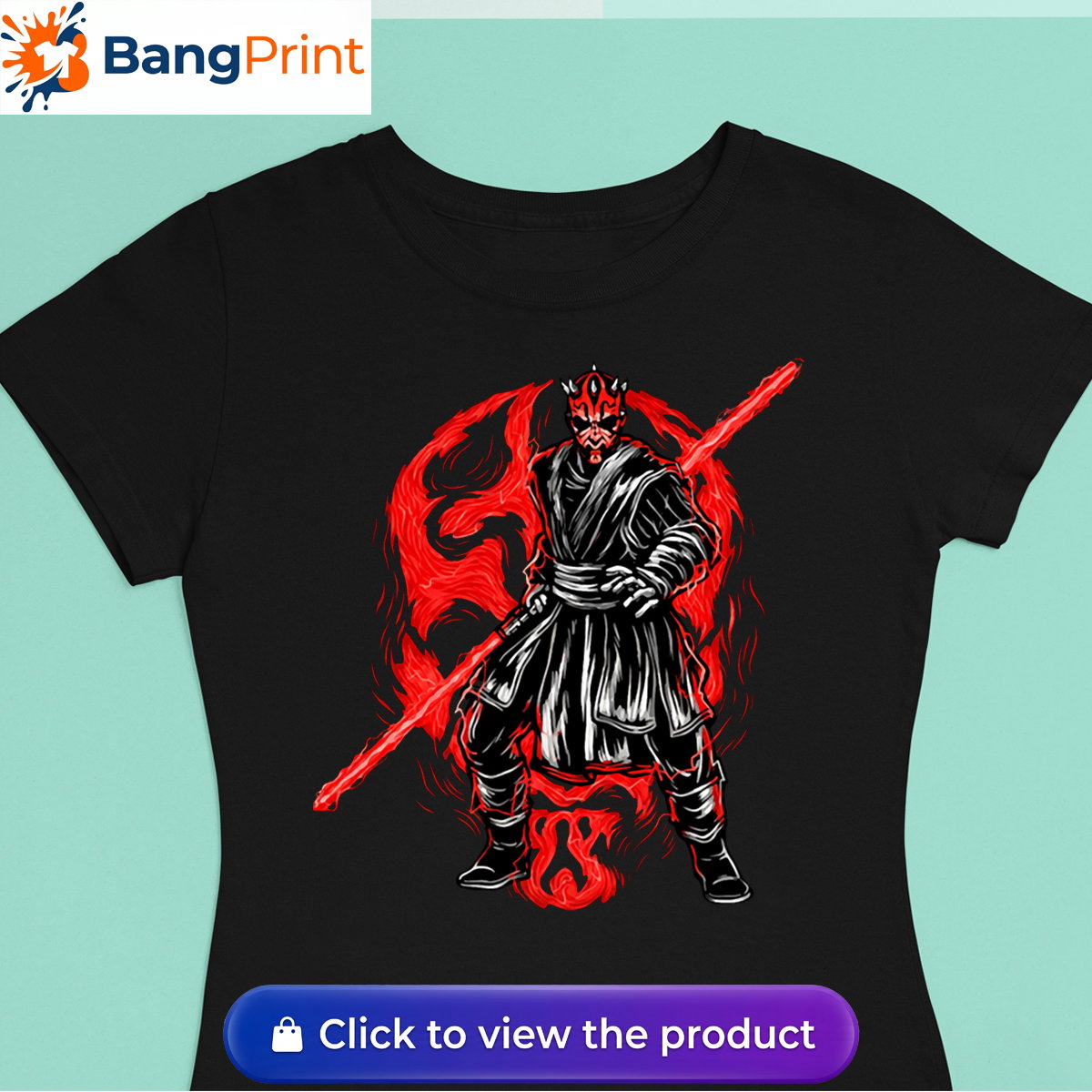 Black Darth Maul Graphic T-Shirt featuring the Sith Lord wielding a double-bladed red lightsaber against a dark, fiery backdrop.